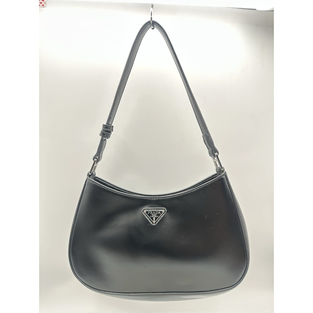 PRADA Cleo Black Brushed Leather Shoulder Bag Mini Hobo Crescent Handbag